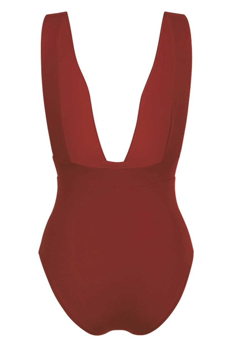 anja swimsuit one-piece bathing suit plunging terracotta behind