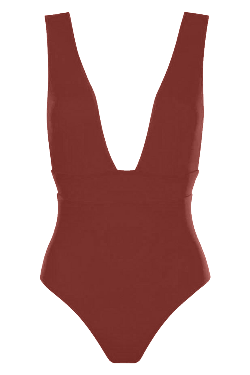 anja swimsuit one-piece bathing suit plunging terracotta front